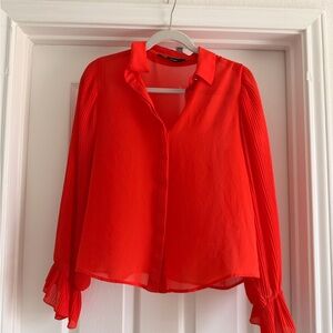 Zara Red Pleated-Sleeve Button-Front Women's Blouse